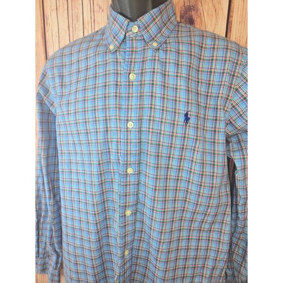 Ralph Lauren Mens Blue Dress Shirt Medium Plaid Long Sleeve Button-Down - Picture 4 of 8